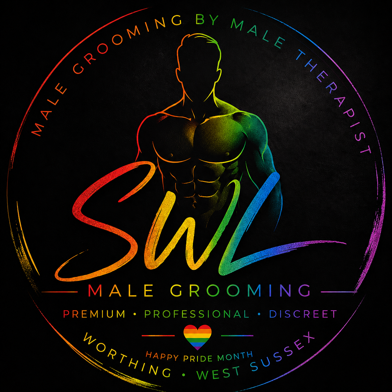Rainbow-gradient circular logo featuring a muscular male silhouette, with a rainbow script word across the center and surrounding text including 'MALE GROOMING BY MALE THE RAPIST' and 'WORTHING • WEST SUSSEX' (Pride month message visible).